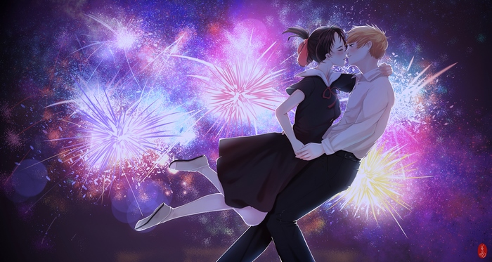 Kaguya Shinomiya and Miyuki Shirogane with Fireworks