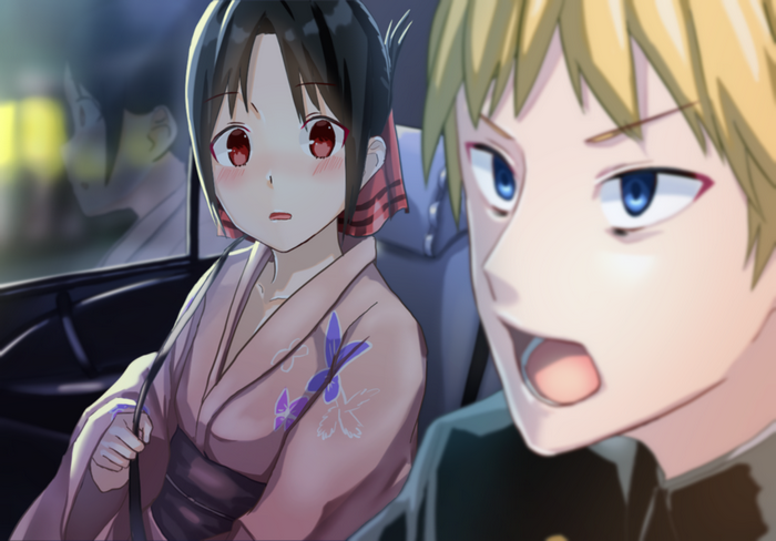 Kaguya Shinomiya and Miyuki Shirogane in a car