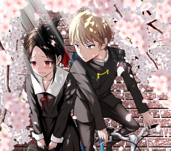 Kaguya Shinomiya and Miyuki Shirogane on a bicycle