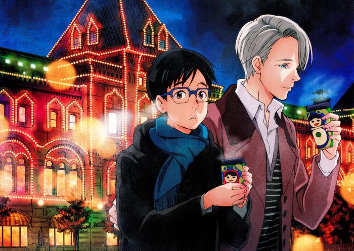 Yuri Katsuki and Viktor Nikiforov with Russian building