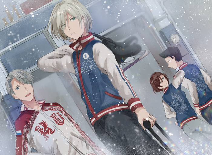 Yuri!!! on Ice characters in winter jackets