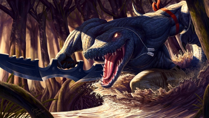 Renekton from League of Legends in a swamp