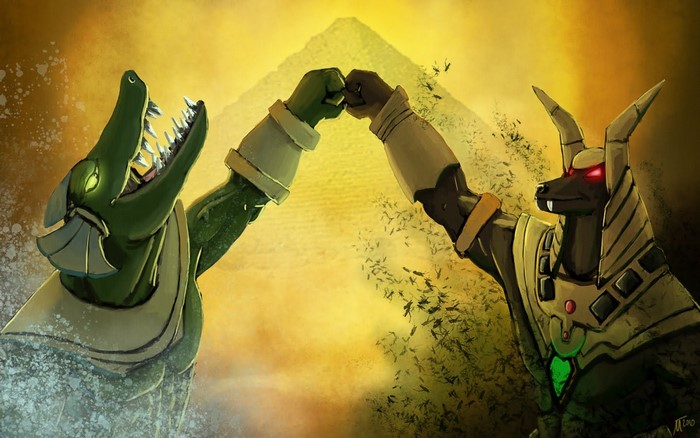 Renekton and Anubis fist bumping in front of pyramids