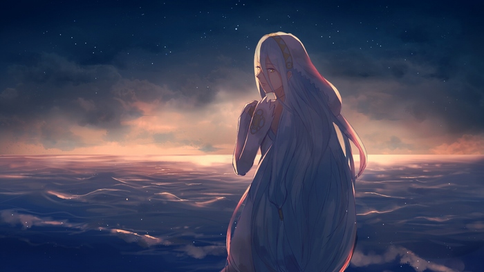 Azura from Fire Emblem by the sea at sunset
