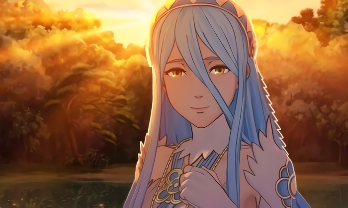 Azura from Fire Emblem in a forest at sunset