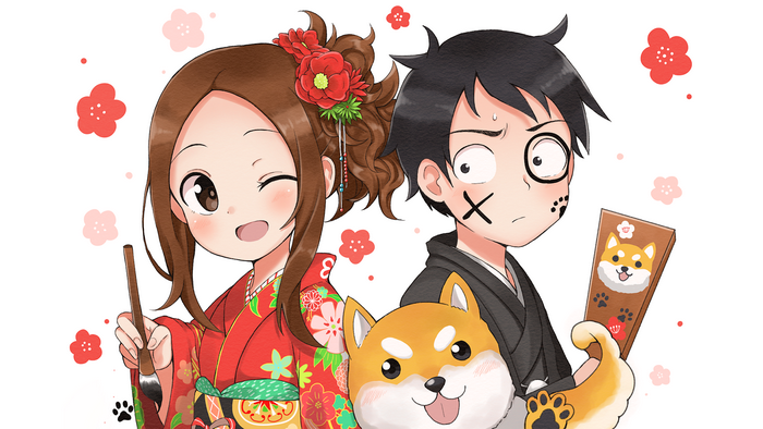 Takagi-san and Nishikata with a Shiba Inu