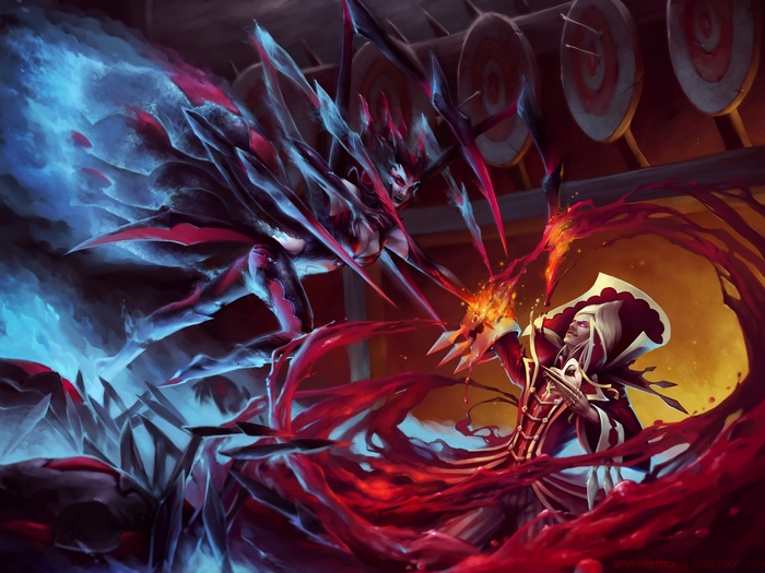 Elise from League of Legends fighting a mage