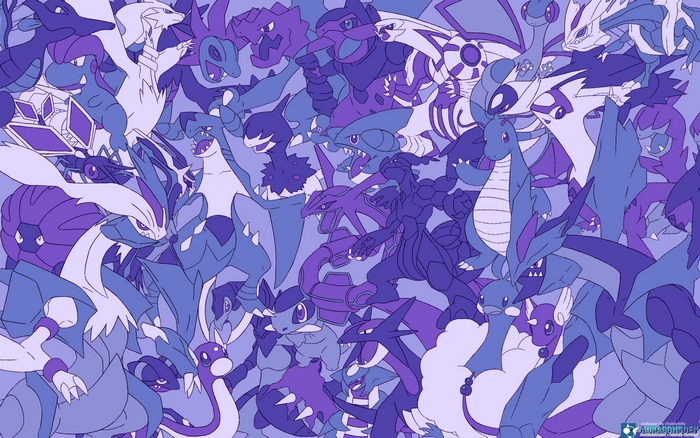 Various Dragon-type Pokemon in shades of blue and purple