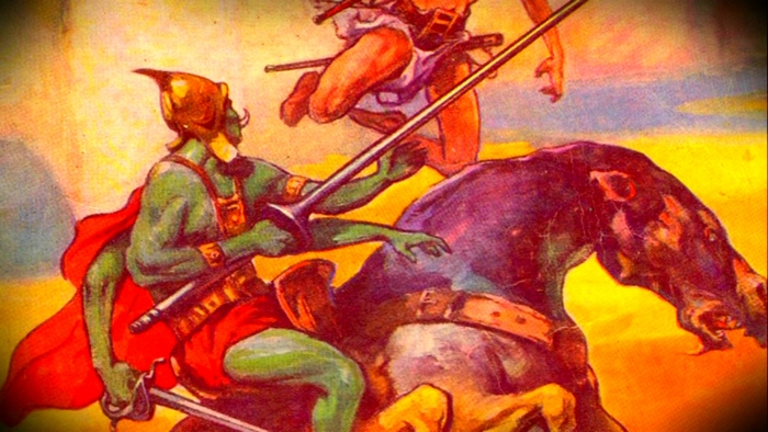 John Carter on horseback fighting