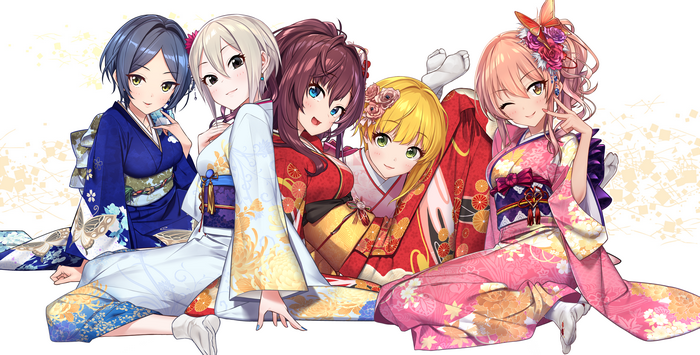 Five anime girls in kimonos