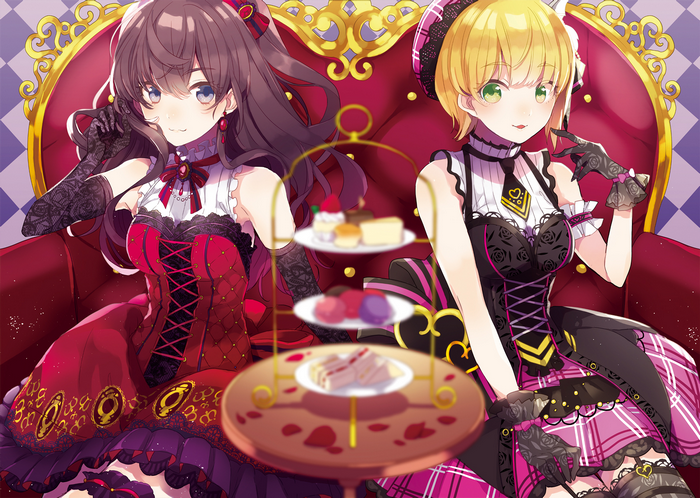 Two anime girls in gothic lolita dresses with tea set