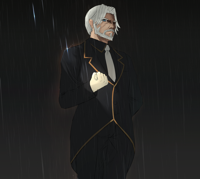 Sebas Tian in a Suit Standing in the Rain