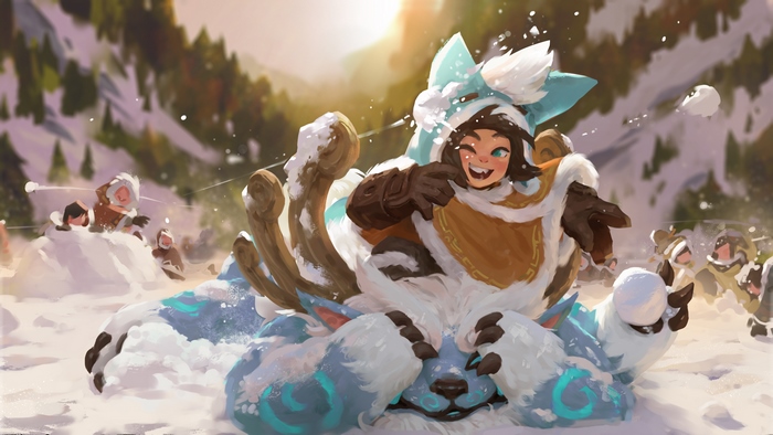 Nunu and Willump from League of Legends in a snowball fight