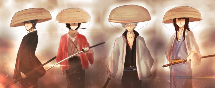 Four samurai with straw hats and swords