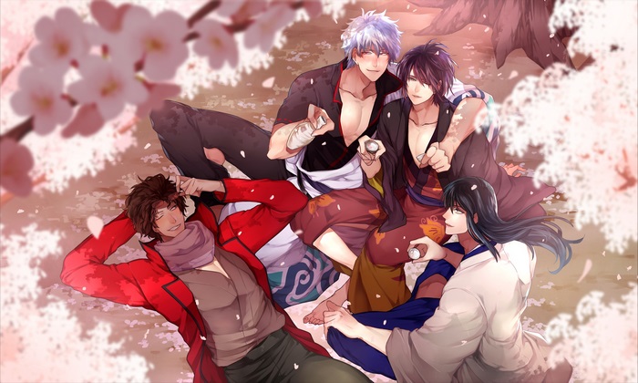 Gintama characters under cherry blossoms