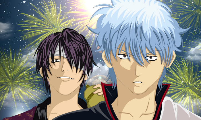 Takasugi Shinsuke and Gintoki Sakata with Fireworks