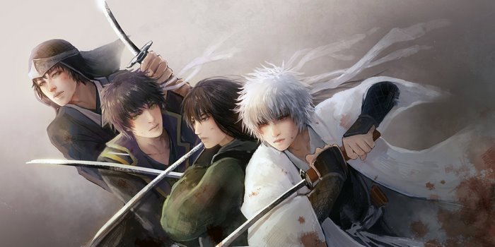 Four samurai with swords in a battle