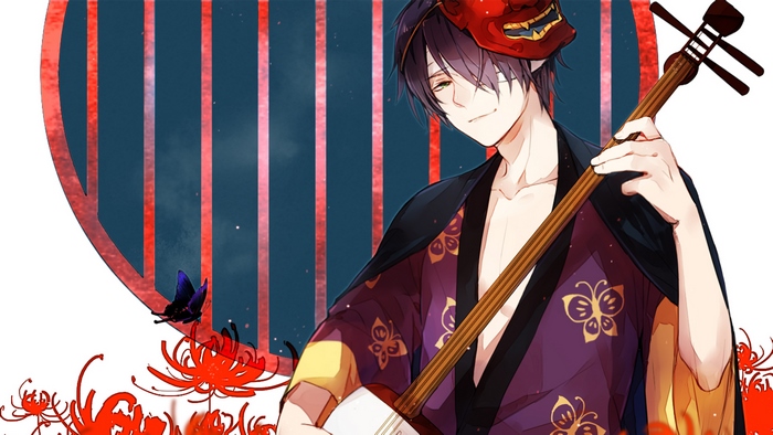Takasugi Shinsuke with a Shamisen and Mask