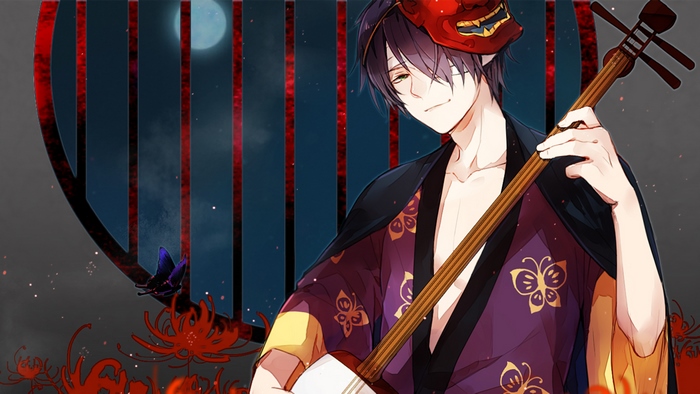 Takasugi Shinsuke with a mask and shamisen