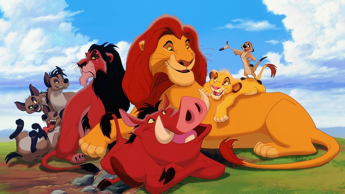 The Lion King characters: Simba, Mufasa, Scar, Timon, Pumbaa, and hyenas