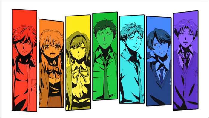 Anime characters in colorful panels