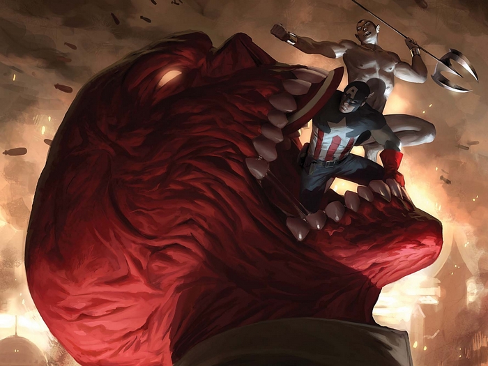 Captain America and Namor fighting Red Skull