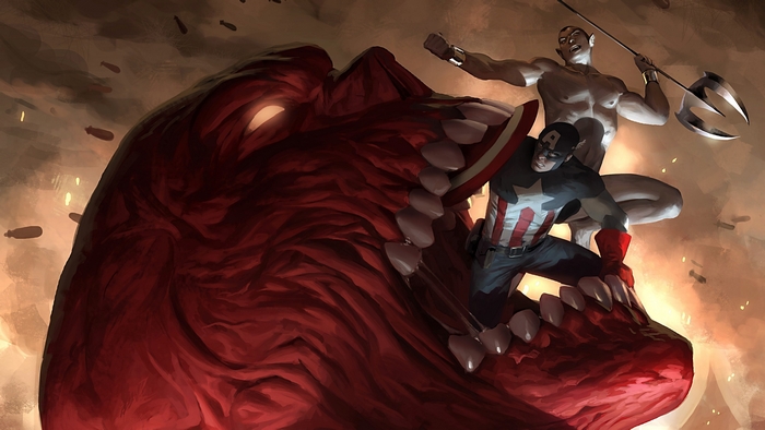 Captain America and Namor fight a giant red monster