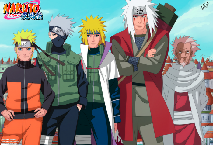 Naruto, Kakashi, Minato, Jiraiya, and Hiruzen from Naruto