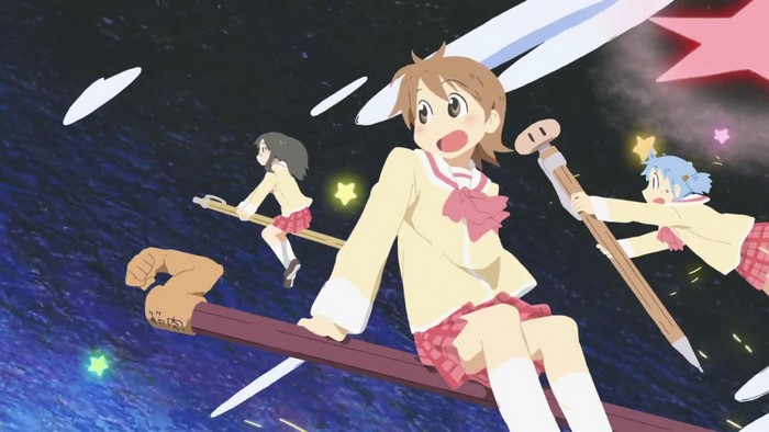 Mio Naganohara and friends flying on pencils
