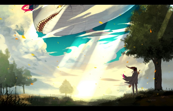 Theresia van Astrea with a shark-like airship
