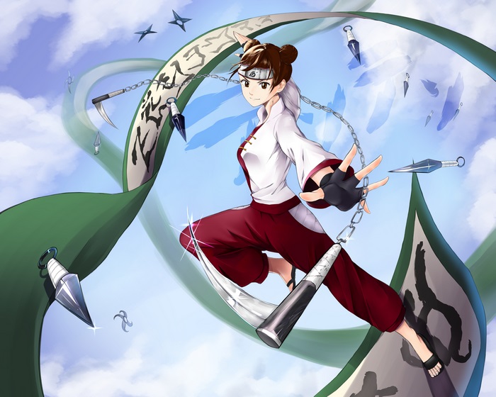 Tenten from Naruto with ninja weapons