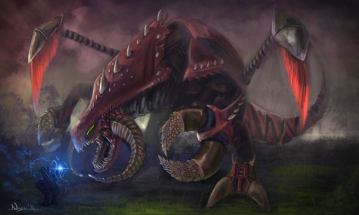Chogath from League of Legends fighting a mage