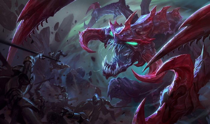 Chogath from League of Legends fighting knights