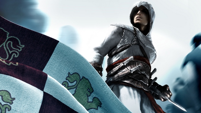 Altair from Assassin's Creed holding a flag