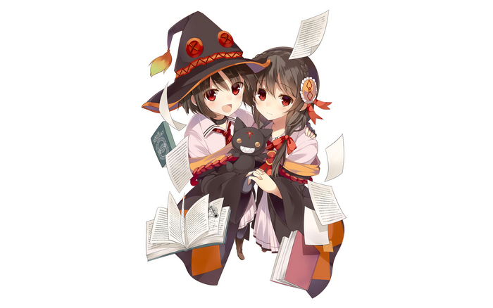 Megumin and Yunyun from KonoSuba with a cat plush