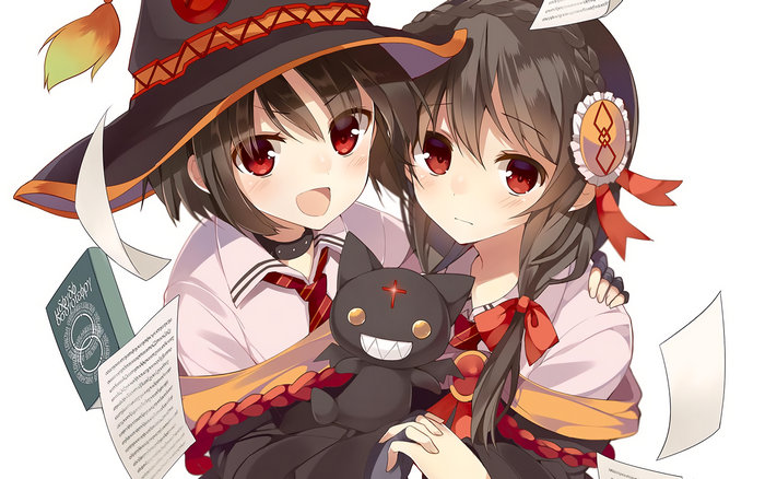 Megumin and Yunyun from KonoSuba with a plush toy
