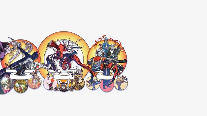 Comic book characters in circular panels