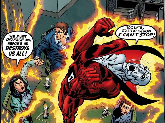 Deadman surrounded by flames with terrified people