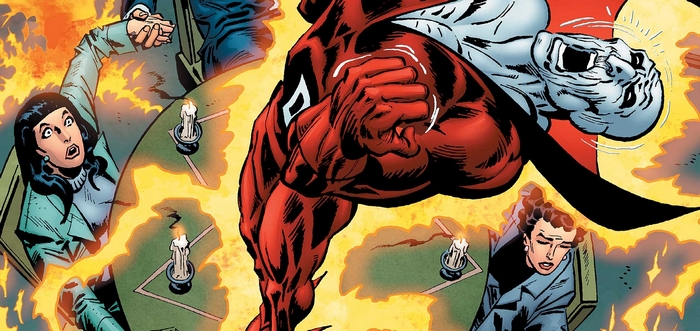 Deadman and people in a fiery scene