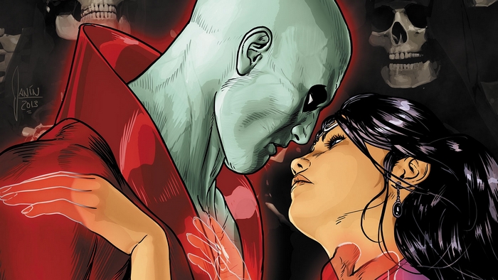 Deadman and a woman with skulls in the background