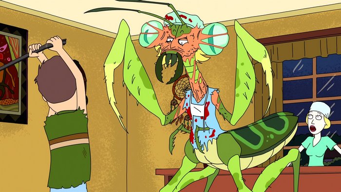 Jerry Smith and praying mantis alien from Rick and Morty