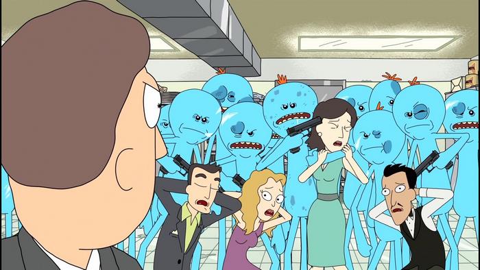 Rick and Morty: Mr. Meeseeks holding humans at gunpoint