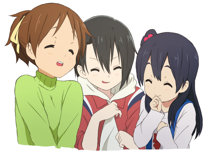 Three anime girls smiling together