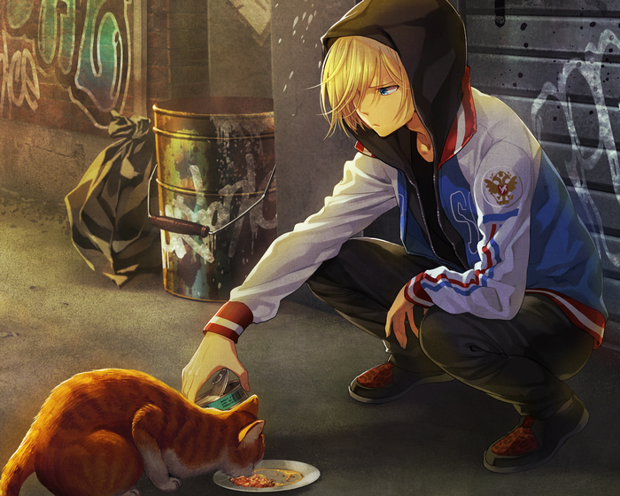 Yuri Plisetsky feeding a cat in an alley