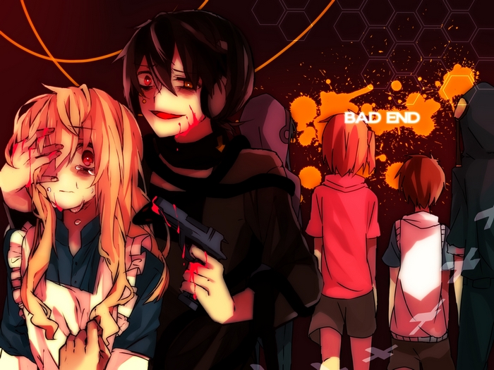 Bloody scene with characters and 'BAD END' text