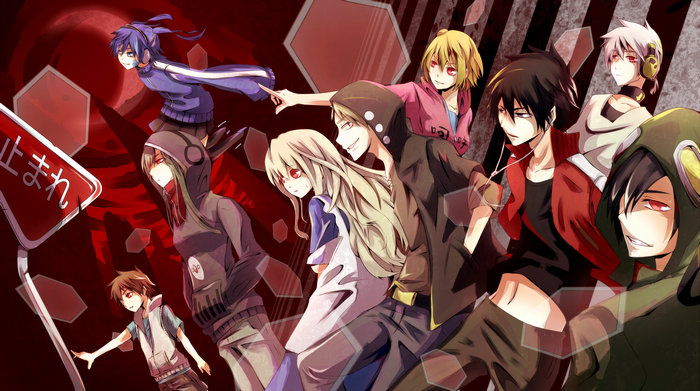 Group of anime characters with red eyes and headphones
