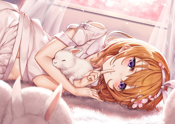 Girl with rabbits in a room