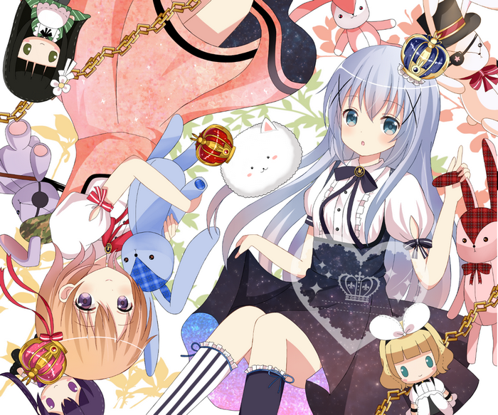 Anime girls with plush toys and crowns