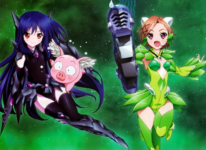 Two anime girls with a pig and a gun in space