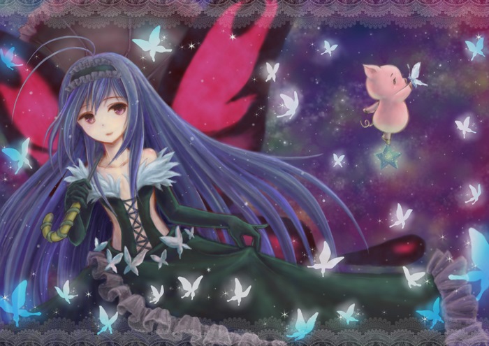 Anime girl with butterfly wings and a piglet in space